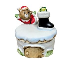 VTG‎ Homco Christmas 8904 Porcelain Santa Mouse Jewelry Trinket Box GIFT Boot